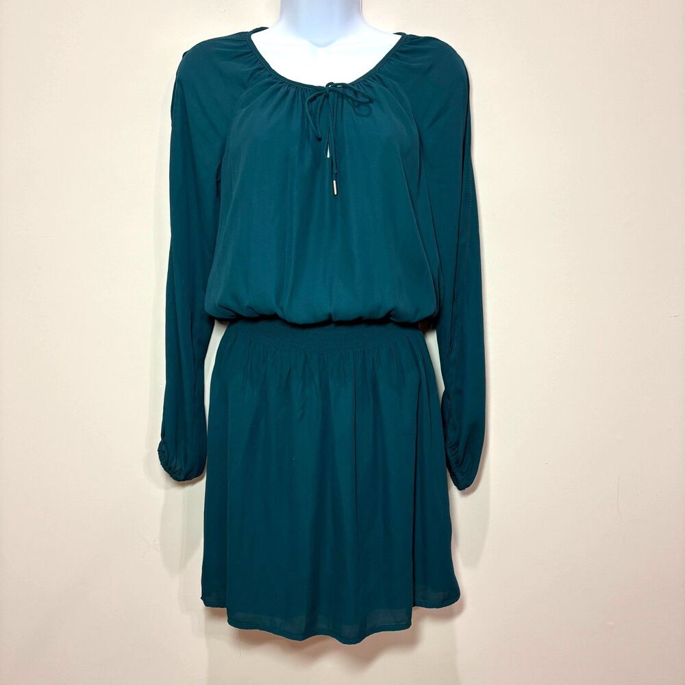 White House Black Market Mini Dress 0 Smocked Waist Blouson Teal Green Boho